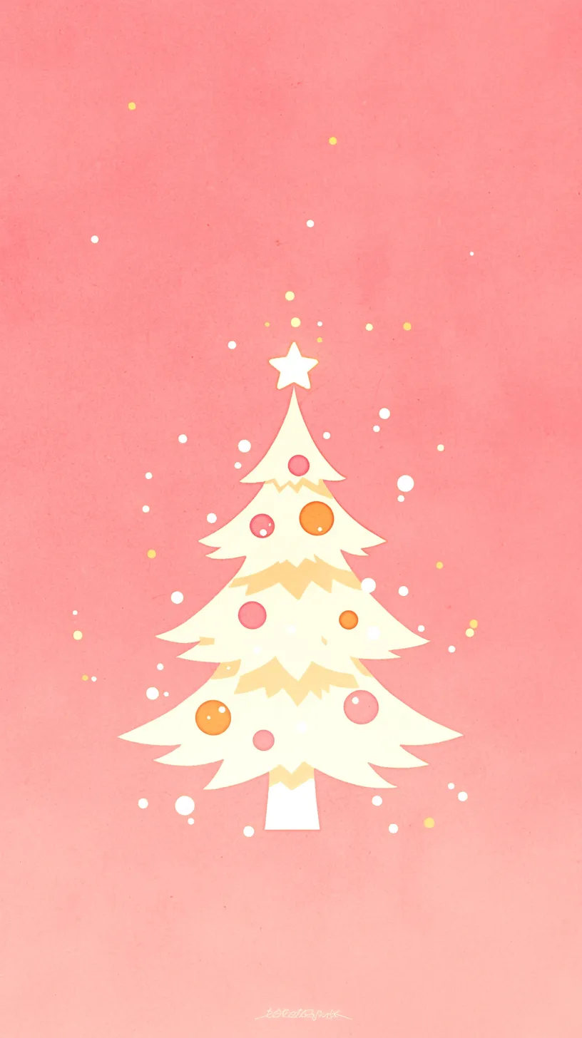 かわいいクリスマス壁紙 白いツリー｜ピンクの背景に、淡い白色のツリーが浮かび上がるかわいいクリスマス壁紙。丸いオーナメントと星の装飾がアクセントとなり、ふんわりとした優しい色調がロマンチックで柔らかい世界観を演出している。