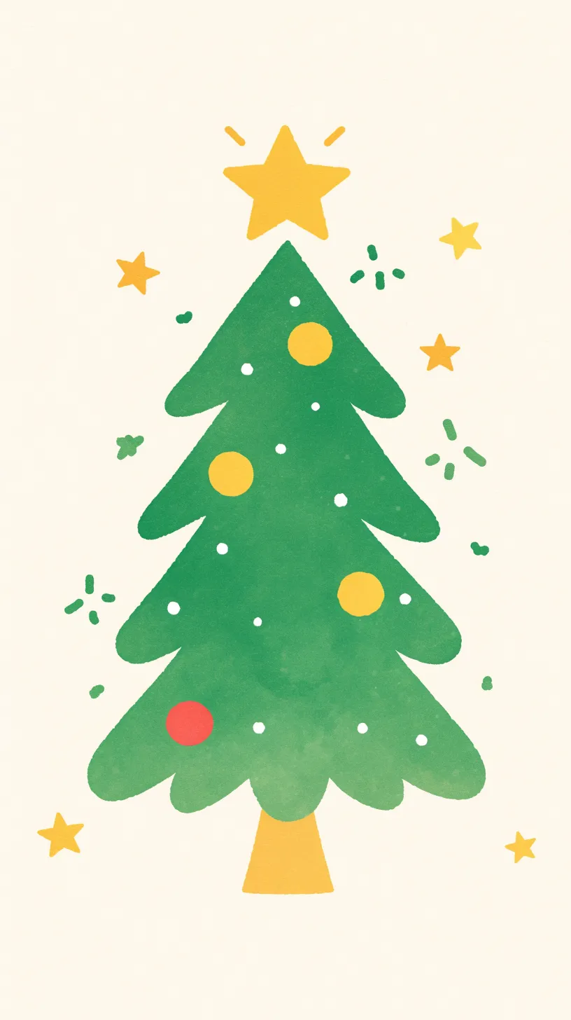 かわいいクリスマス壁紙 黄色の星飾り｜鮮やかな緑のツリーに大きな黄色の星と丸いオーナメントが散りばめられたかわいいクリスマス壁紙。シンプルな線と色彩で表現された姿が親しみやすく、楽しい祝祭感を軽快に伝えるデザインとなっている。