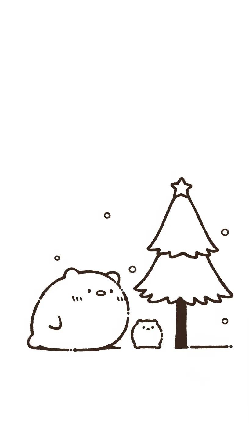 かわいいクリスマス壁紙 クマとツリー｜シンプルな線で描かれたクマと小さなツリーが並ぶかわいいクリスマス壁紙。余白を活かした構図と丸みのあるフォルムが柔らかく、雪の粒がさりげなく季節感を添えているのが印象的な表現になっている。
