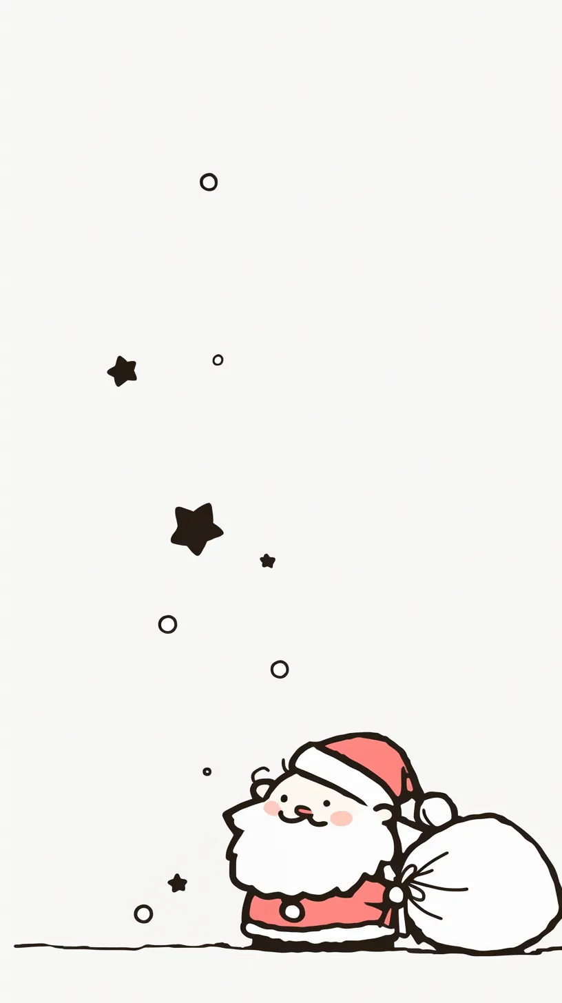 かわいいクリスマス壁紙 サンタさん｜大きな袋を背負った丸みのあるサンタクロースが描かれたかわいいクリスマス壁紙。周囲に舞う星や雪が遊び心を加え、素朴な線画表現と愛らしい表情が楽しいクリスマスの気分を優しく伝えている。