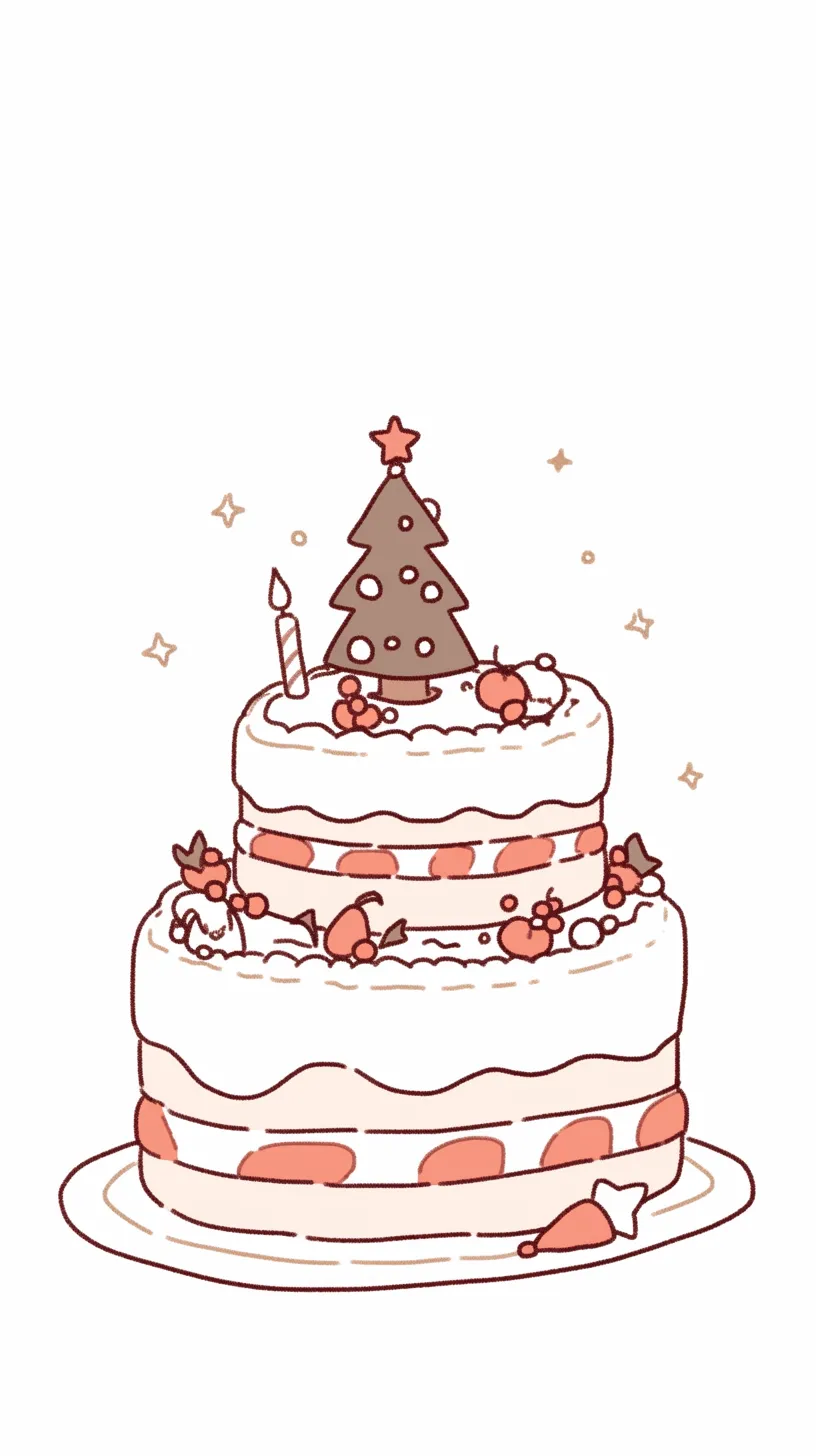 おしゃれクリスマス壁紙 ケーキツリー｜二段重ねのケーキに小さなクリスマスツリーが飾られたおしゃれクリスマス壁紙。シンプルな線画に赤と白の温かみある色彩が添えられ、星やキャンドルがさりげなく輝きます。甘さと華やかさが調和したデザインが、冬の特別な時間を柔らかく演出します。