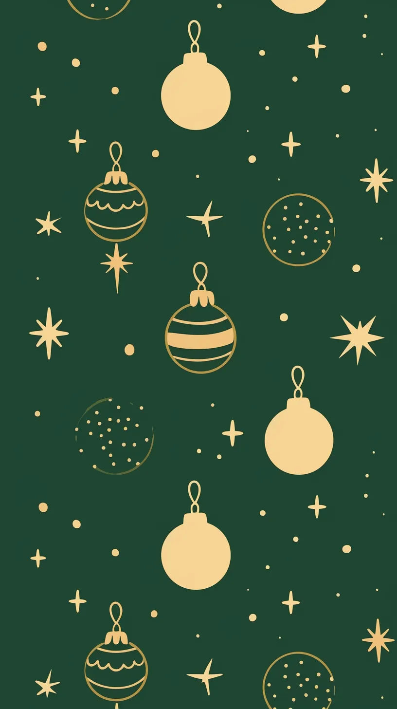おしゃれクリスマス壁紙 オーナメント柄｜深緑の背景にゴールドのオーナメントと星々が散りばめられたおしゃれクリスマス壁紙。シンプルで上品な線描きが整然と並び、静けさの中にきらめきを感じさせます。クラシックな配色と余白の美しさが落ち着いた雰囲気を漂わせます。