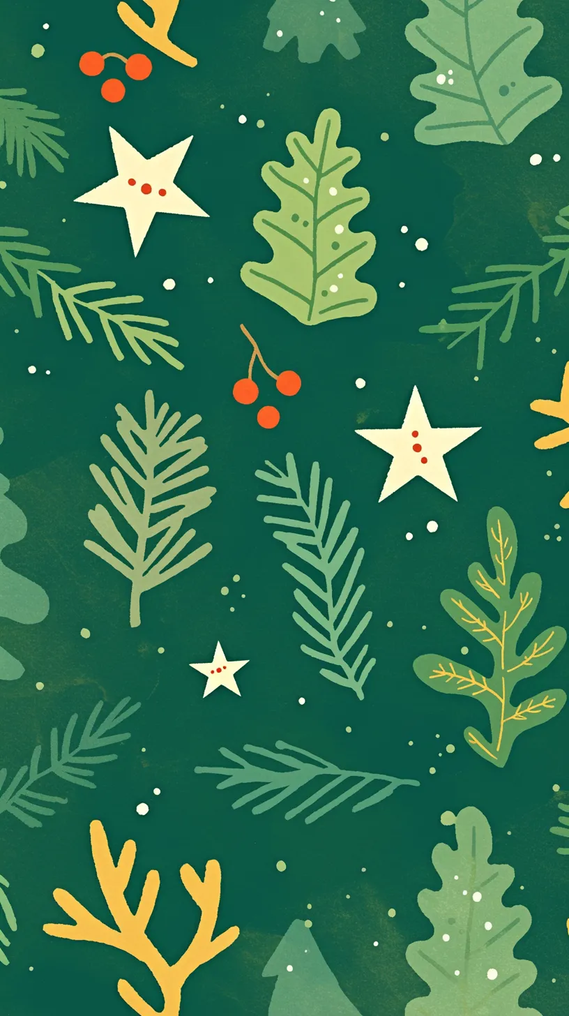 おしゃれクリスマス壁紙 森の模様｜緑豊かな森を思わせる葉や木々のシルエットが重なり合うおしゃれクリスマス壁紙。赤い実や星がアクセントとなり、自然の息吹と祝祭感が融合したデザイン。柔らかなタッチで彩られ、北欧風のナチュラルな魅力を感じさせます。