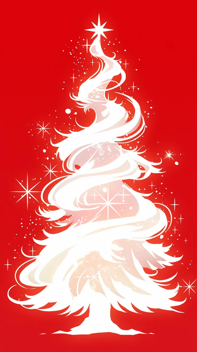 おしゃれクリスマス壁紙 白い樹｜真っ赤な背景に白く輝く幻想的なクリスマスツリーが描かれたおしゃれクリスマス壁紙。流れるような曲線が光をまとい、星々がきらめき舞う様子は華やかでありながらも神秘的。鮮烈な色彩の対比が視線を惹きつけます。