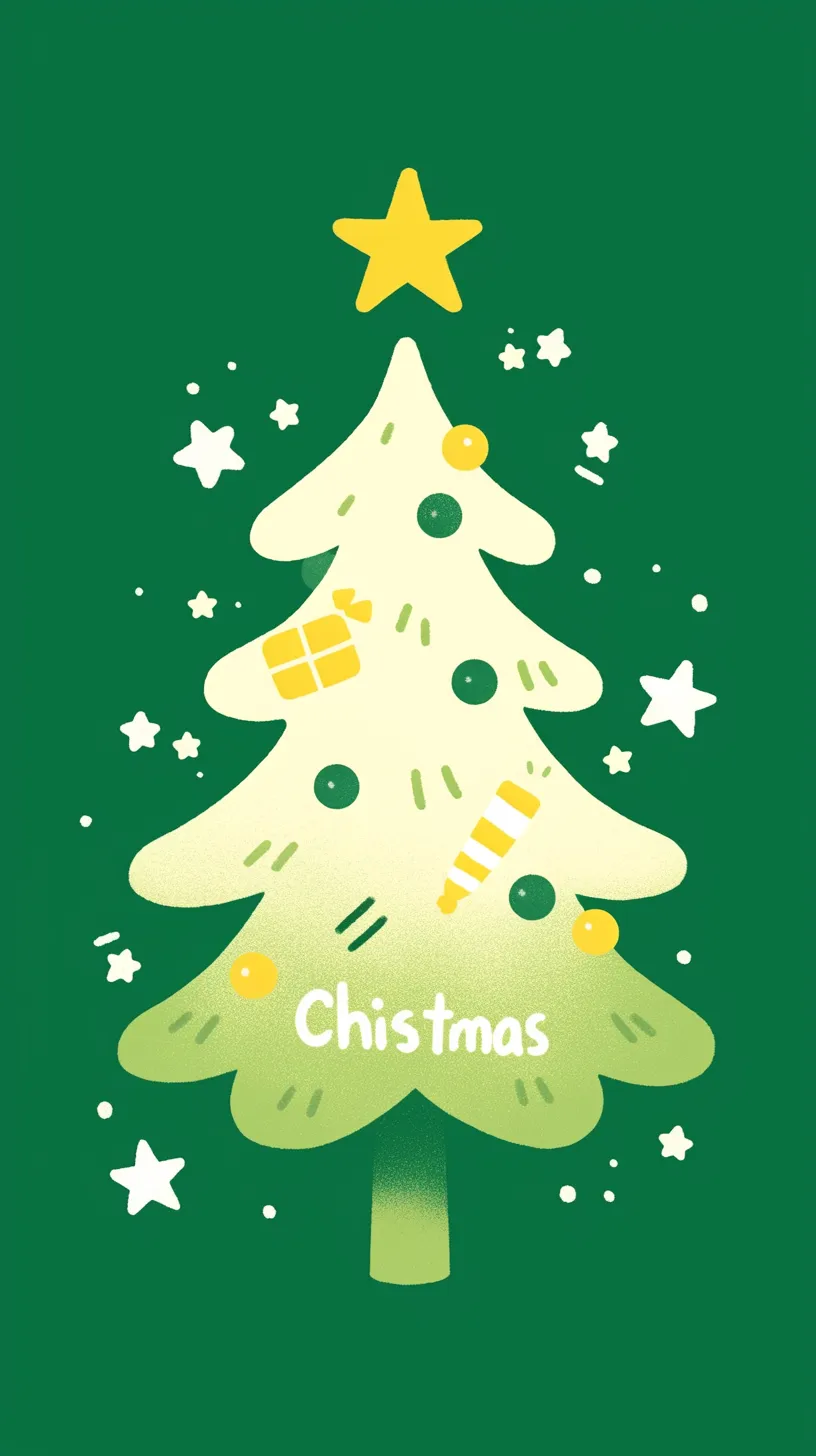 おしゃれクリスマス壁紙 緑のツリー｜緑の背景に明るいクリスマスツリーが立つおしゃれクリスマス壁紙。黄色い星やプレゼント、飾りがシンプルに散りばめられ、親しみやすい雰囲気が漂います。鮮やかな色の組み合わせが温かく、楽しい気分を盛り上げます。