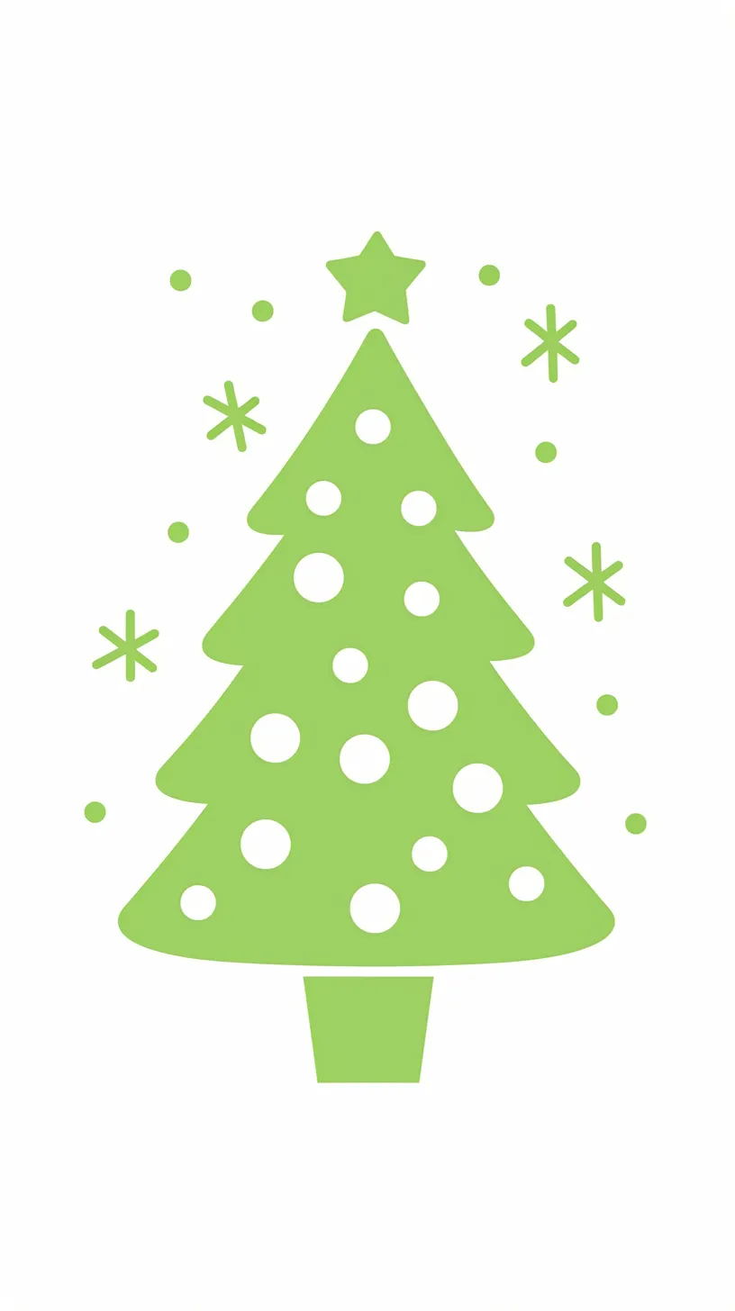 おしゃれクリスマス壁紙 シンプルツリー｜白地に鮮やかな緑のシルエットで描かれたクリスマスツリーがおしゃれクリスマス壁紙に登場。円や雪のようなモチーフが周囲に散らばり、清潔感のある印象を与えます。装飾を抑えた簡潔なデザインが心地よい余韻を残します。