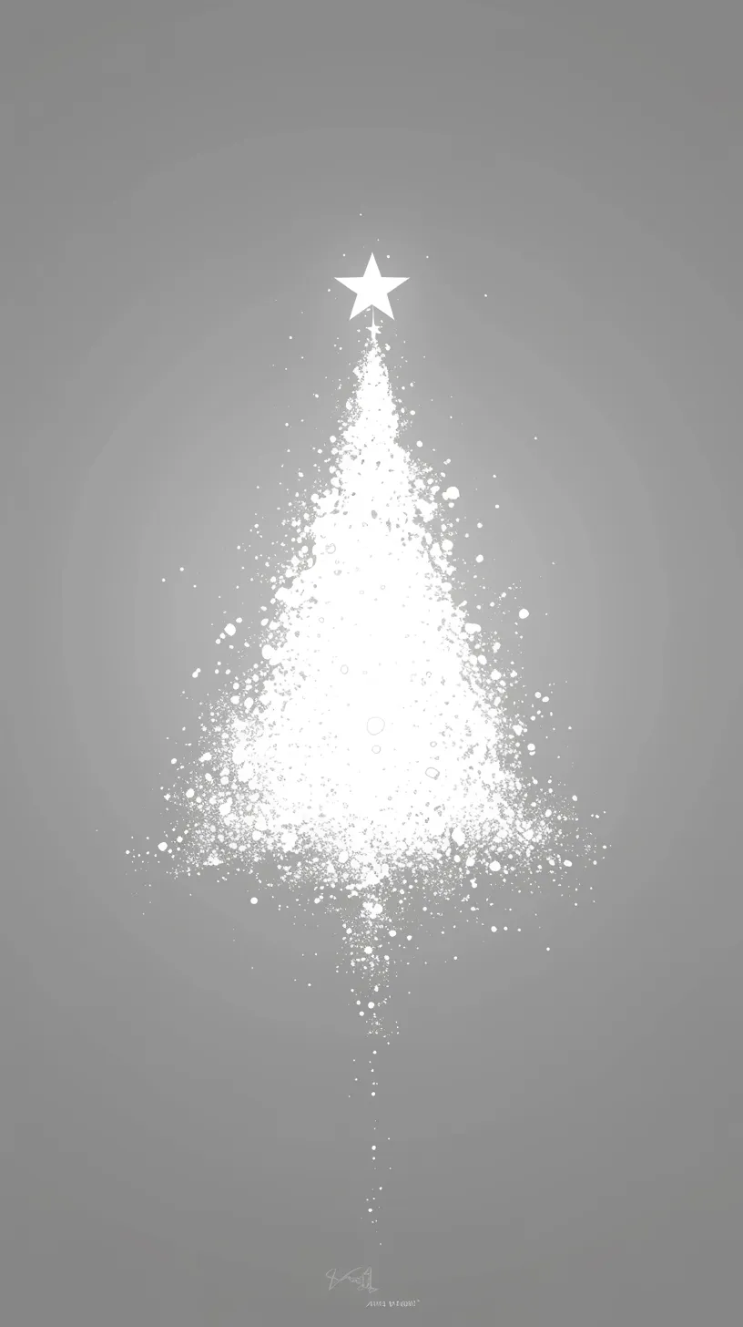 おしゃれクリスマス壁紙 光のツリー｜灰色の背景に白い光が粒子となって広がり、ツリーの形を浮かび上がらせたおしゃれクリスマス壁紙。きらめく粒が集まり星へと昇る表現は静謐で幻想的。シンプルでありながら洗練された輝きが冬の夜を想起させます。