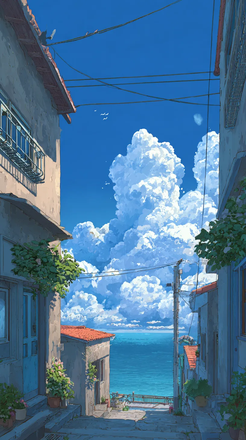 空壁紙 路地の青空｜古い建物の間から広がる大きな積雲と碧い海をのぞむ空壁紙。石畳の小道と赤い屋根が温かみを添え、日常と非日常が交差する瞬間を切り取っています。路地から見える壮大な空が心地よい対比を生み出しています。