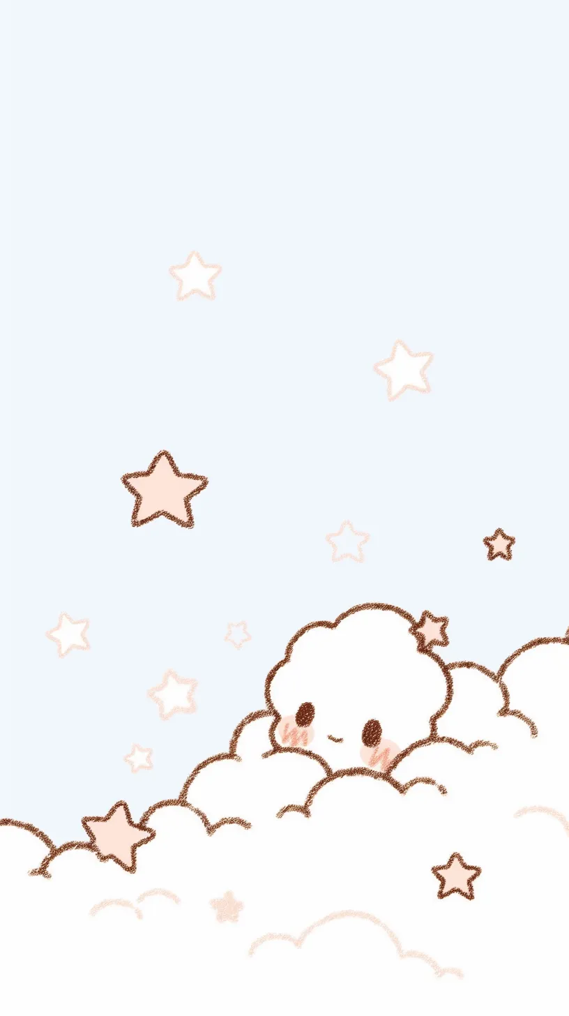 かわいい空壁紙 星と笑顔の雲｜白い雲がまるでキャラクターのように微笑む、愛らしい表現が魅力のかわいい空壁紙。周囲に漂う星々との調和が、穏やかな空気感と優しいファンタジー性を感じさせる一枚になっています。