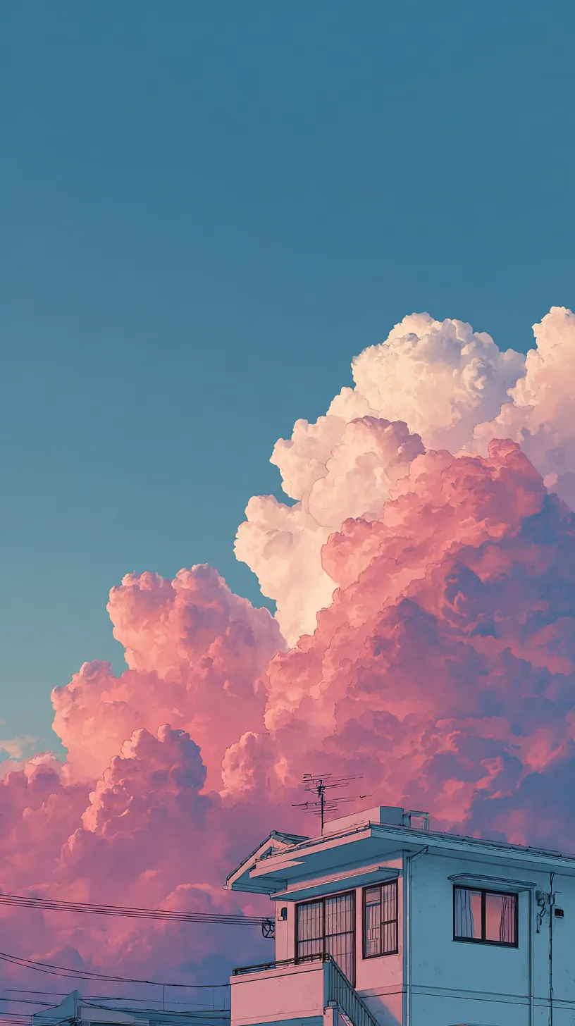 かわいい空壁紙 雲と住宅の情景｜夕暮れの住宅地を背景に、ピンクに染まる大きな雲が広がるかわいい空壁紙。人工物と自然が並ぶ構図が、温かく懐かしい日常の中に潜む美しさを引き出しています。