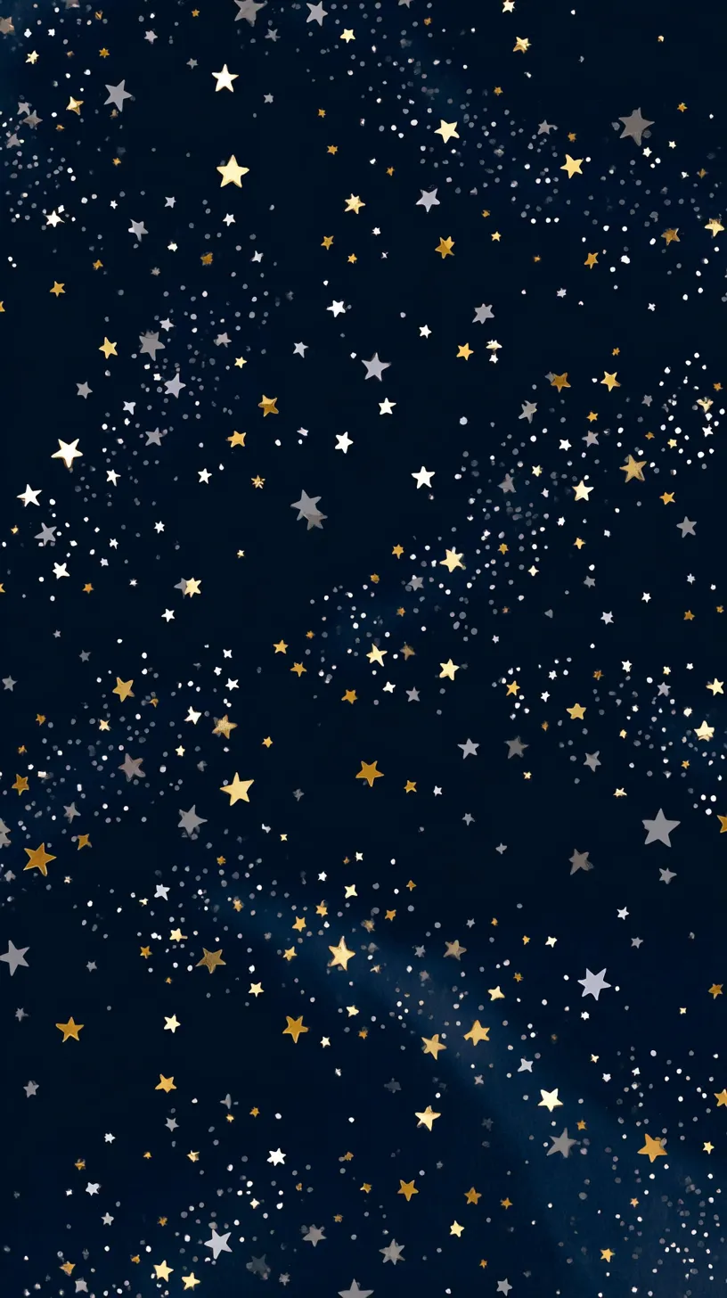 おしゃれ空壁紙 金銀の星模様｜濃紺の背景に金銀の星々が舞い散るおしゃれ空壁紙。シックな色使いと星の配置が、幻想的で洗練された夜の雰囲気を演出します。