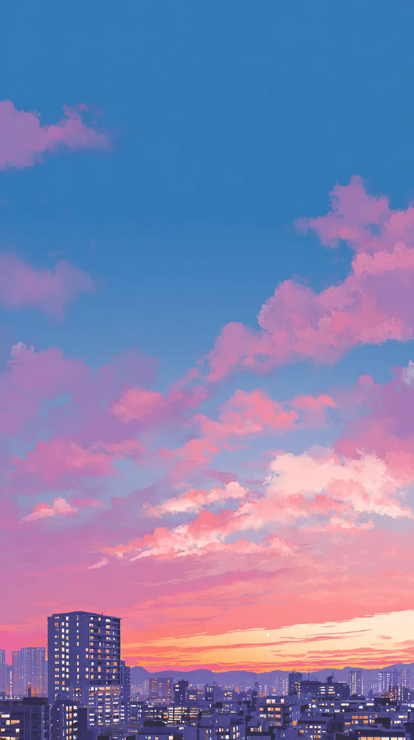 おしゃれ空壁紙 都市と桃色雲｜街並みの上に広がる桃色の雲と鮮やかな青空が対比を描くおしゃれ空壁紙。都市の明かりと空模様の調和が、都会的で華やかな印象を与えます。