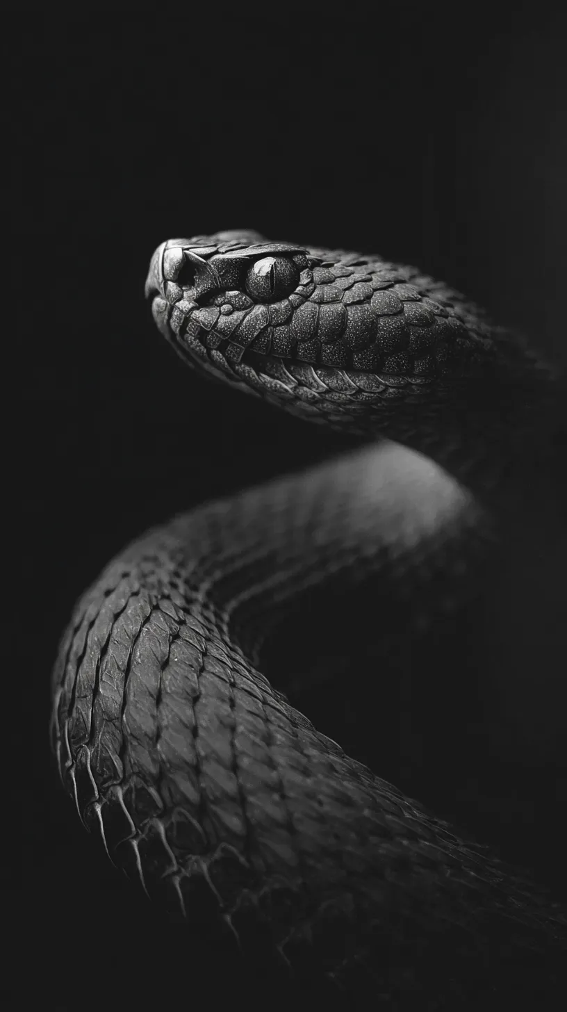 蛇壁紙 闇に浮かぶ鱗｜漆黒の背景に浮かぶ蛇の姿が壁紙に緊張感を与える。鱗の立体感と強いコントラストが迫力を引き出し、鋭い視線が印象を残す。