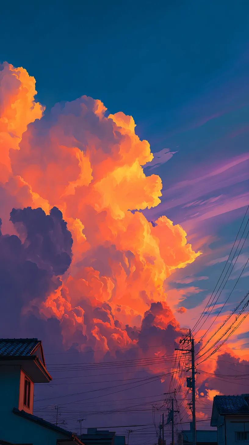 おしゃれ空壁紙 燃える夕立雲｜オレンジに燃えるような巨大な入道雲が迫るおしゃれ空壁紙。濃紺の空との対比が強烈で、力強さと迫真性に満ちた光景が広がっています。