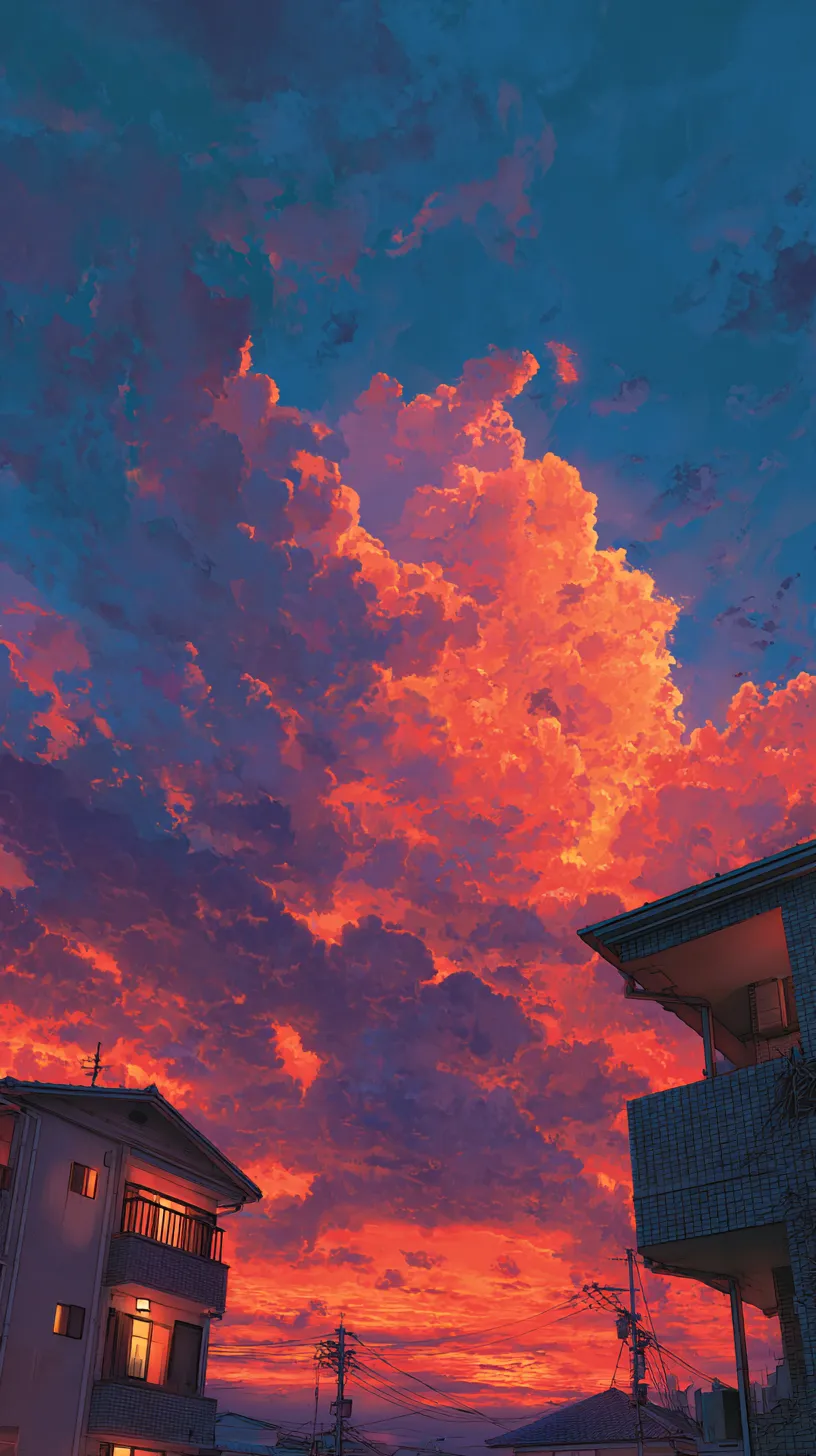 おしゃれ空壁紙 真紅の入道雲｜鮮烈な赤に染まる積乱雲が住宅街の空を覆うおしゃれ空壁紙。燃えるような色彩と力強い雲の造形が、迫力ある空の表情を切り取っています。