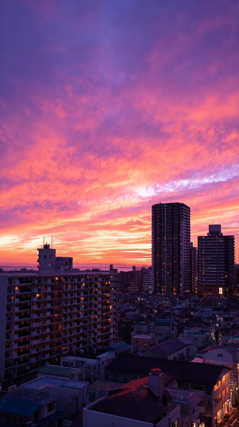 エモい空 壁紙 紫の夕景｜都会のビル群を背景に、紫と橙のグラデーションが広がるエモい空の壁紙。街の灯りと夕暮れの空気が重なり、切なさと温もりを同時に感じさせる。
