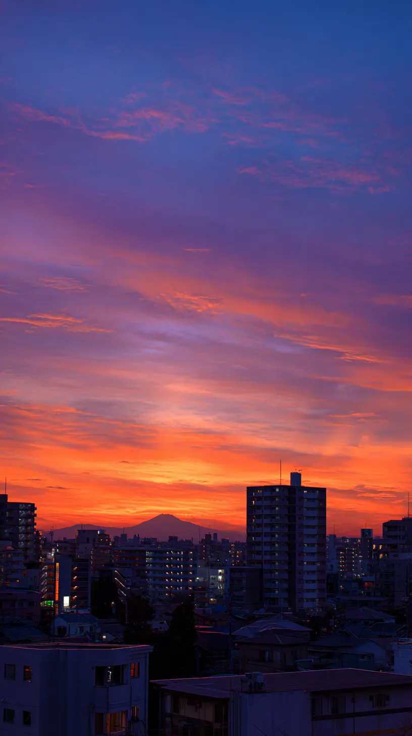 エモい空 壁紙 富士遠望｜夕焼けの群青と橙が溶け合う空の下、遠くに浮かぶ富士が印象的なエモい空の壁紙。ビルの隙間から望む風景に日常と非日常の境界が滲む。
