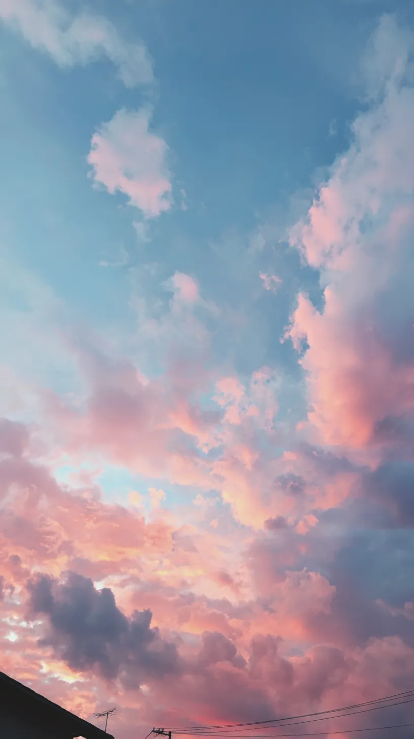 エモい空 壁紙 柔らかな夕映え｜青と桃色が交差する空が、雲をやわらかく染め上げるエモい空の壁紙。暮れゆく光と街並みのシルエットが儚さを際立たせる。