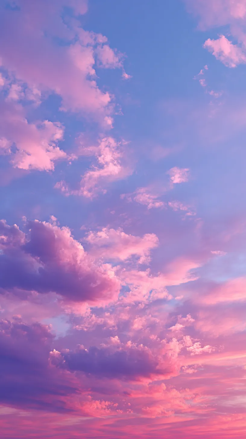 エモい空 壁紙 淡色の空模様｜ピンクと紫の淡い色合いが層を成し、雲の質感が繊細に浮かび上がるエモい空の壁紙。視線を奪う柔らかな色彩が幻想的に広がる。