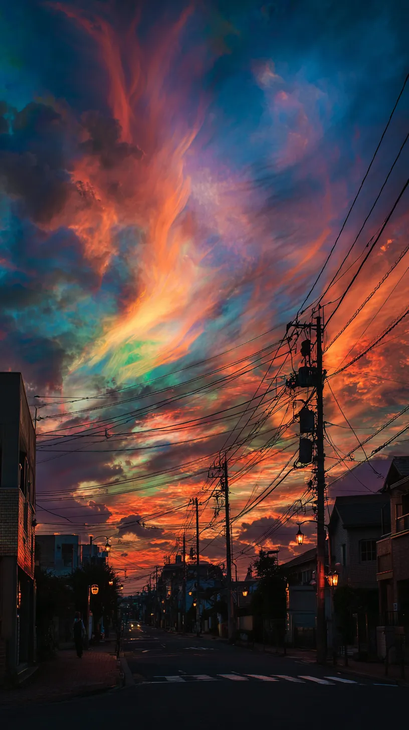 エモい空 壁紙 彩雲の街角｜燃えるような赤と虹色に近い光が空を染め、街角を異世界のように映すエモい空の壁紙。電線や街灯が現実を繋ぎながら幻想を強めている。