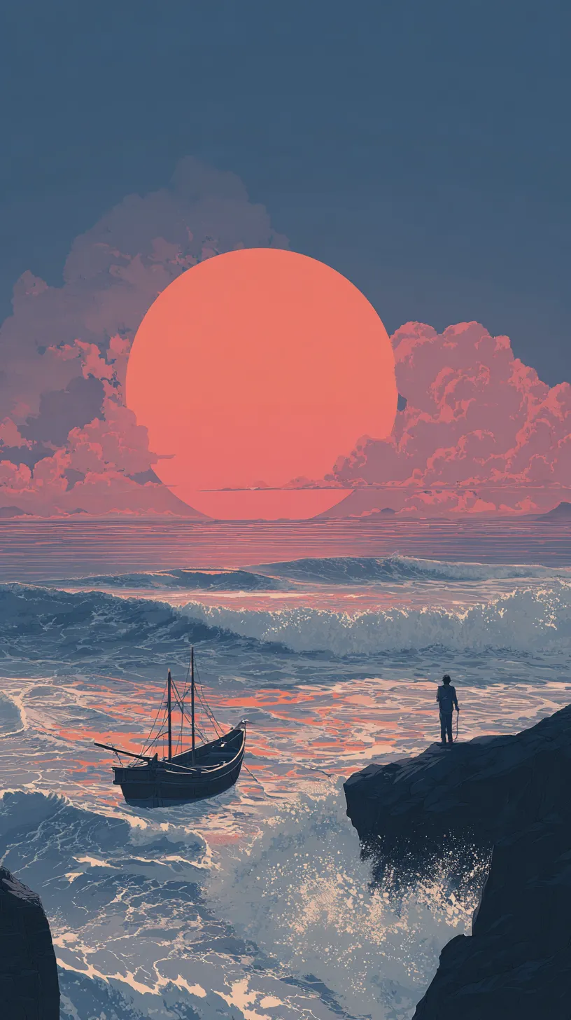 幻想太陽と海壁紙｜巨大な赤い太陽と荒れる海を背景に、人と船の小ささが際立つ太陽の壁紙。物語性を感じさせる幻想的な一枚。