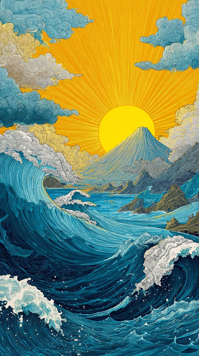 浮世絵風太陽壁紙｜力強い波と緻密な雲の模様、そして背後に輝く太陽が描かれた太陽の壁紙。浮世絵のような筆致で躍動感を表現している。