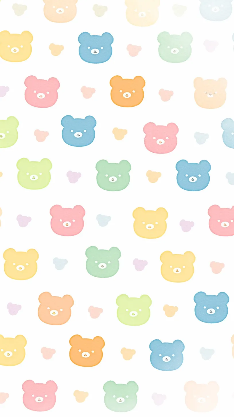 かわいいくま壁紙パステル調｜やわらかな色合いのくまの顔が規則的に並び、パステルカラーの優しい雰囲気が広がるかわいいくま壁紙。背景の白地が軽やかさを引き立て、愛らしさが際立つデザイン。