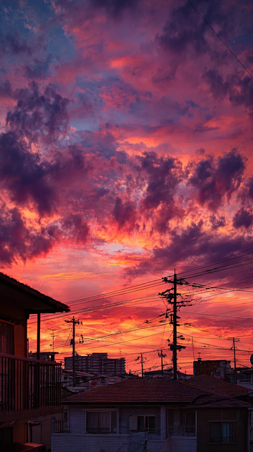 夕焼け壁紙の街並み｜濃厚な赤と紫が交錯する夕焼け壁紙。電線や家々のシルエットが空を際立たせ、都市の喧騒の中に一瞬の静けさを映し出す印象的な構図。