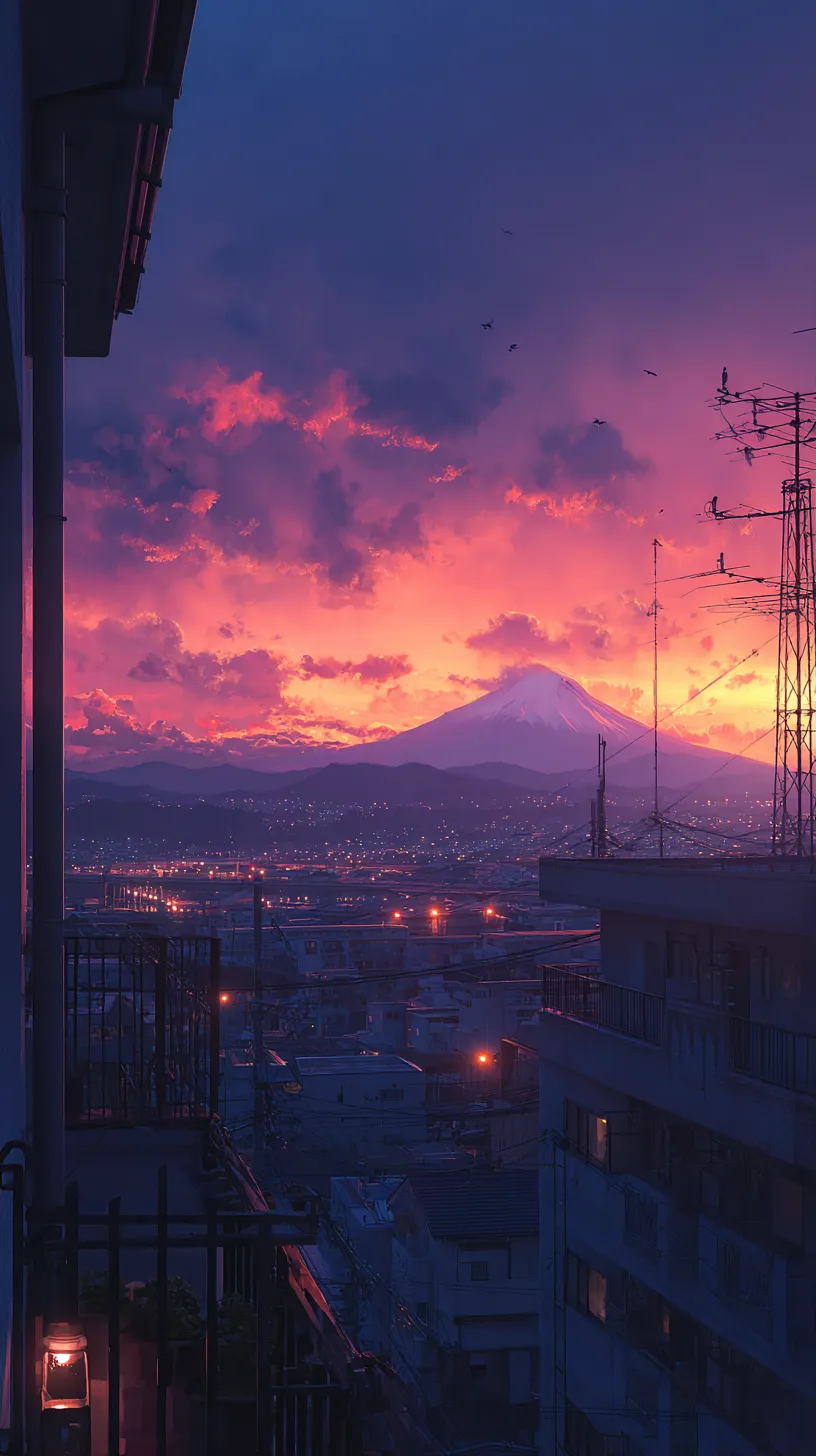 夕焼け壁紙と富士｜街灯が灯り始める街の奥に夕焼け壁紙が広がり、富士の白い頂が赤紫に染まる。都市と自然が共鳴する壮大な景観を描き出している。