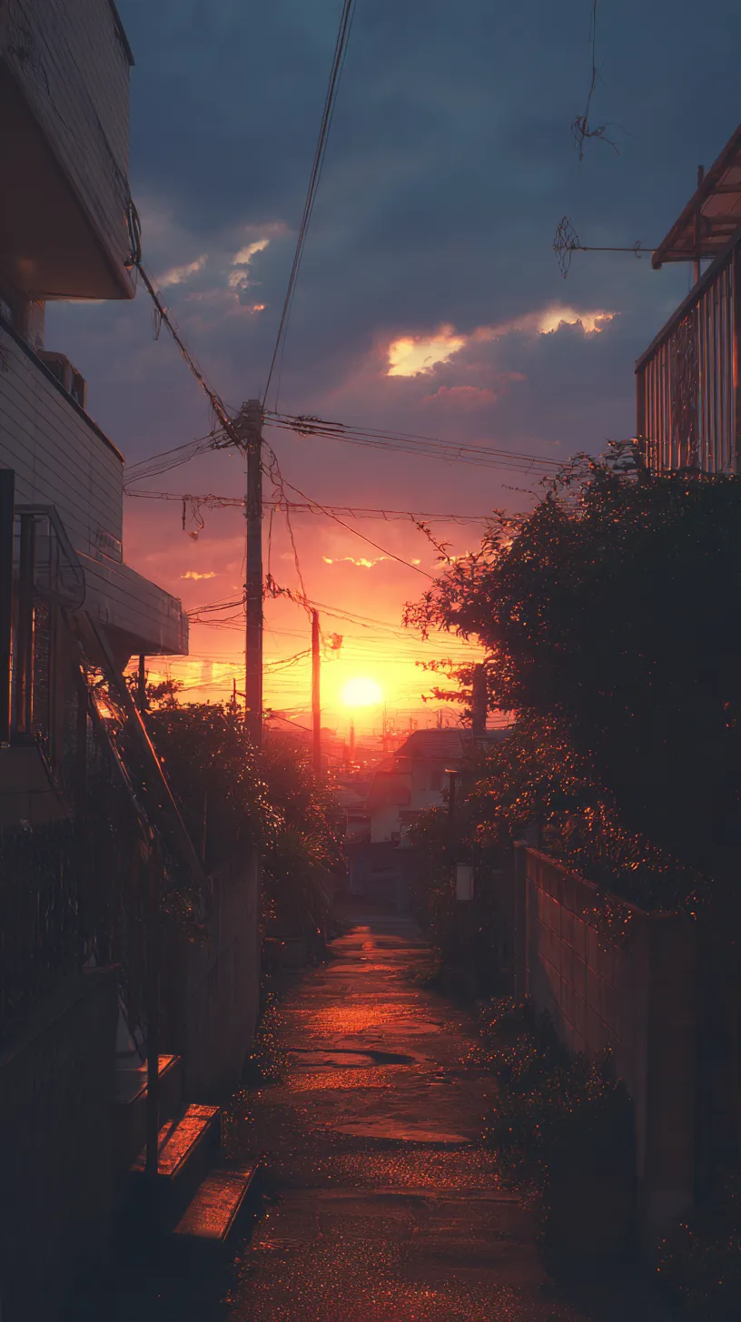 夕焼け壁紙の路地｜細い路地の奥に沈む夕日が輝く夕焼け壁紙。影の濃さと光の強さが対比を生み、身近な風景をドラマティックに変える力が宿っている。