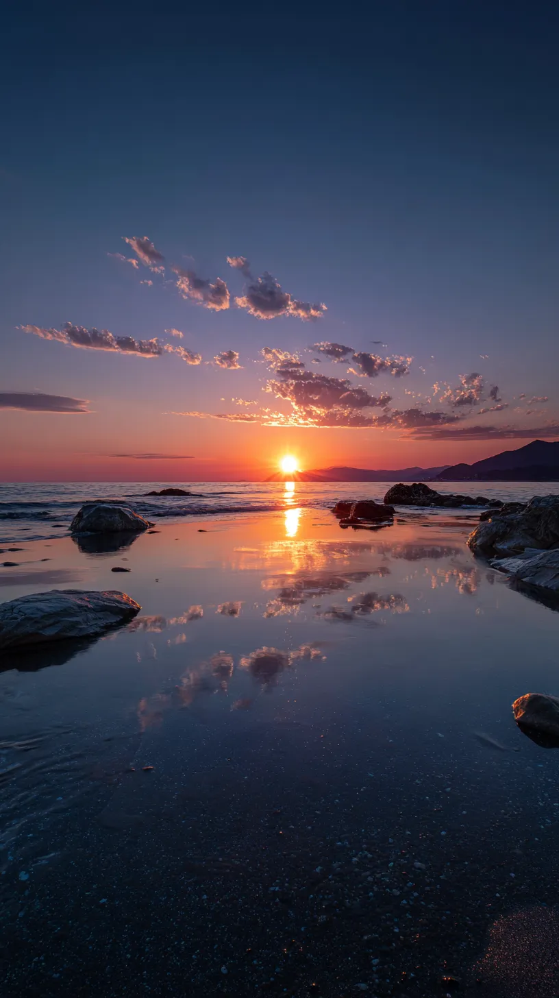 夕焼け壁紙の海景｜岩場に反射する光と雲の陰影が溶け合う夕焼け壁紙。水面に映る空が奥行きを重ね、自然の広がりと深さを強調する表現が印象的。