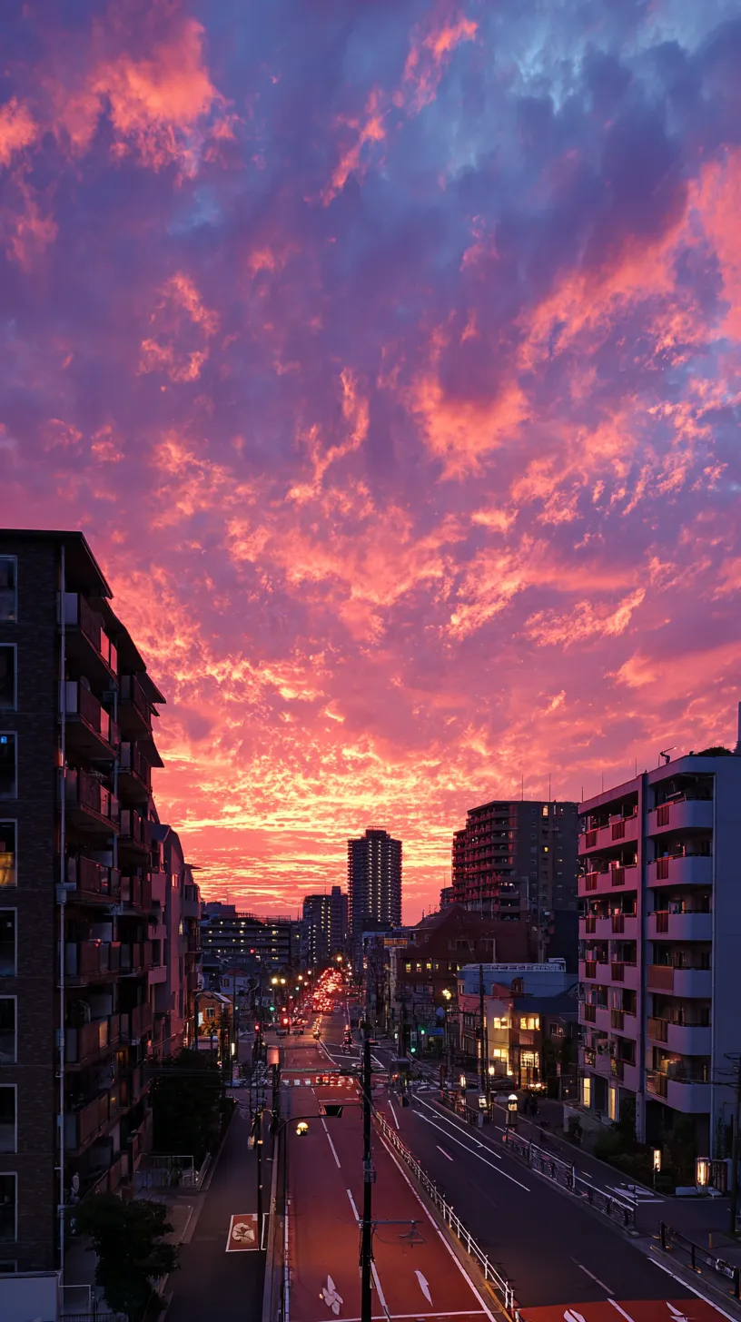 夕焼け壁紙の街道｜高層マンションの狭間から赤と紫が燃え上がる夕焼け壁紙。灯る街明かりが暮れゆく空を背景に、人々の生活感をそっと際立たせる。