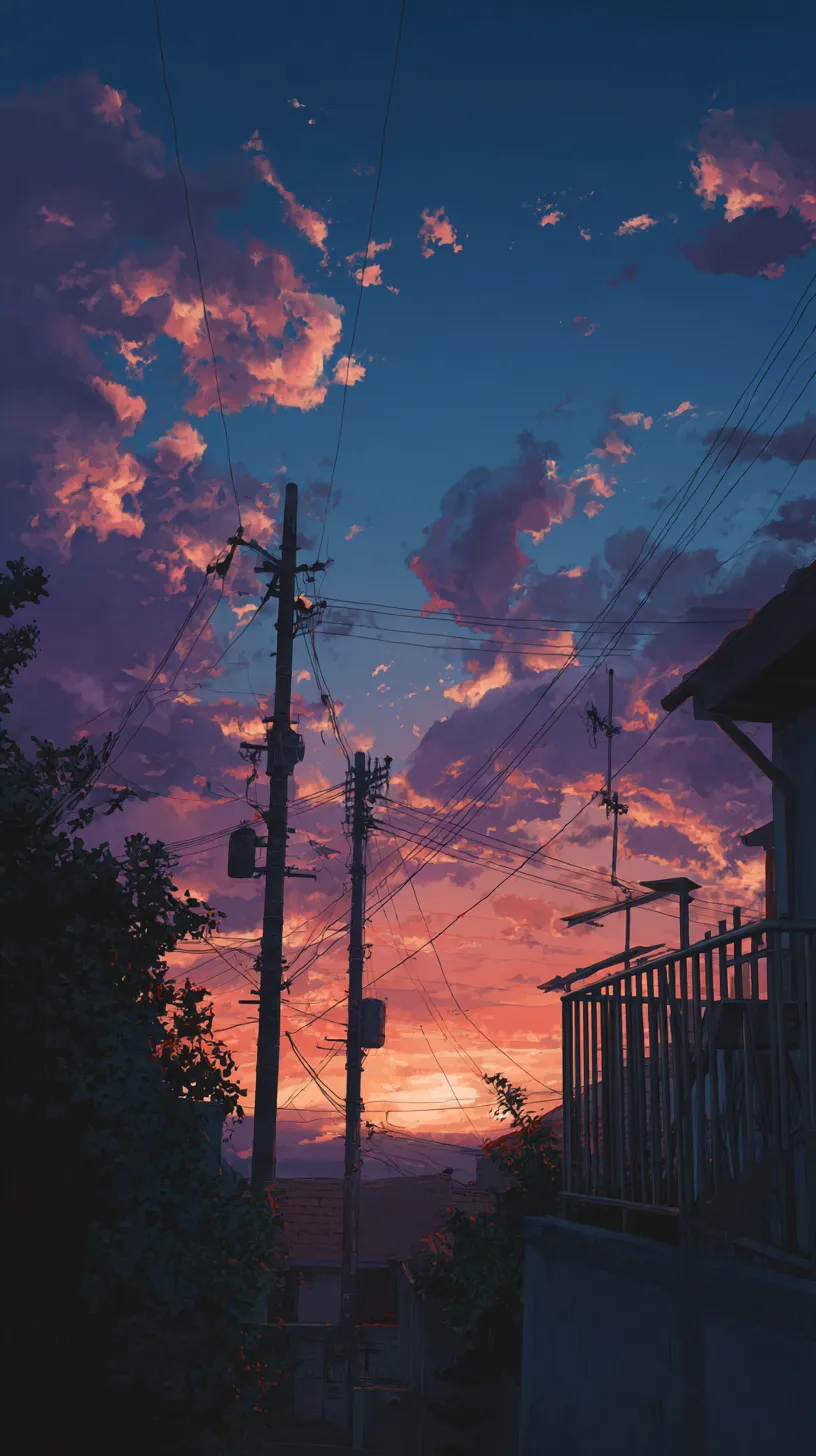 夕焼け壁紙の電柱｜電線越しに見える茜雲が心を惹く夕焼け壁紙。シルエットとなった電柱と雲の配置が、素朴な日常に温かな物語を重ねている。
