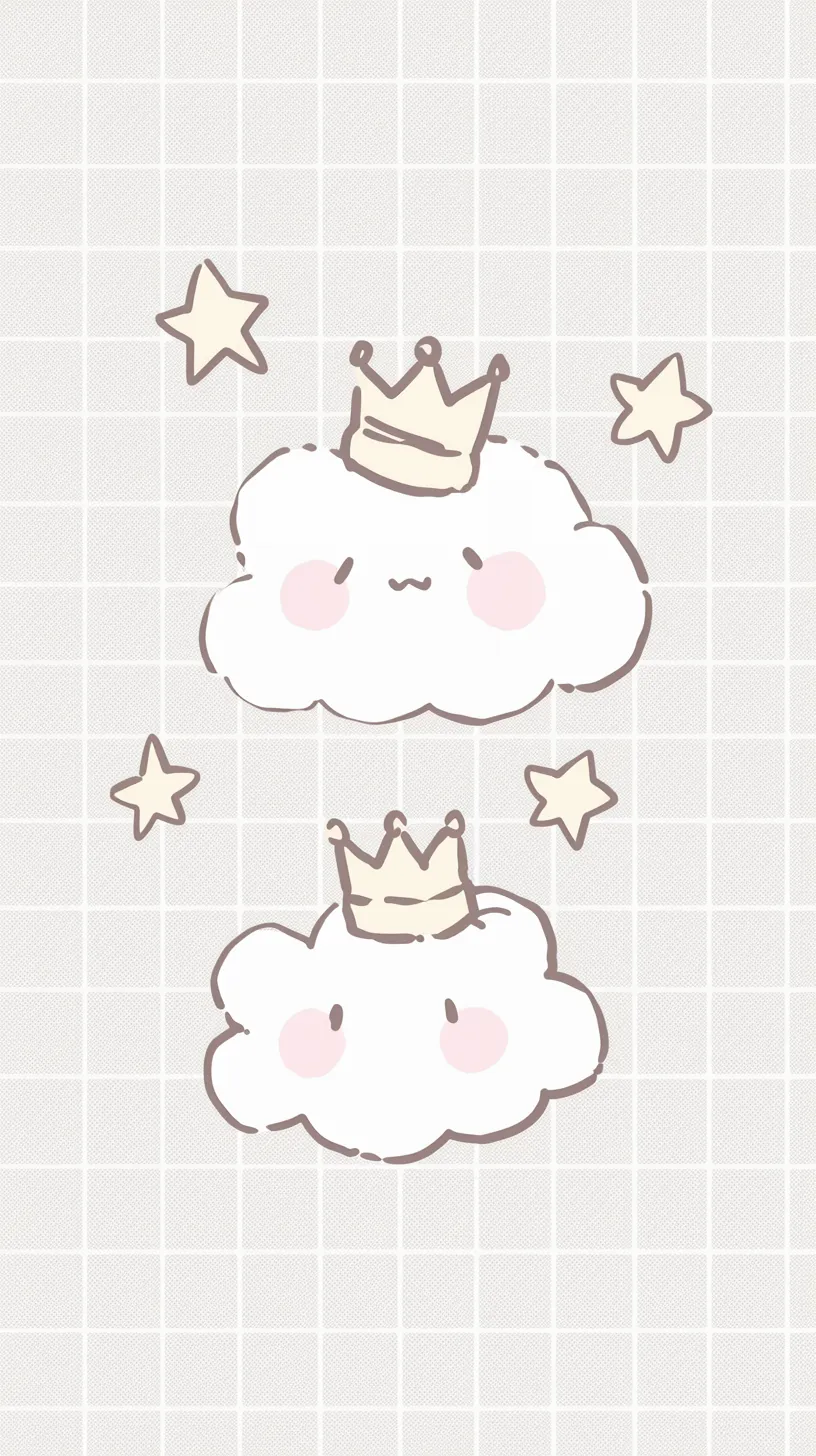 かわいい雲壁紙の王冠｜ふんわりとした雲が王冠をかぶり、優しい微笑みを浮かべるかわいい雲壁紙。シンプルな線と星のアクセントが愛らしい雰囲気を広げている。