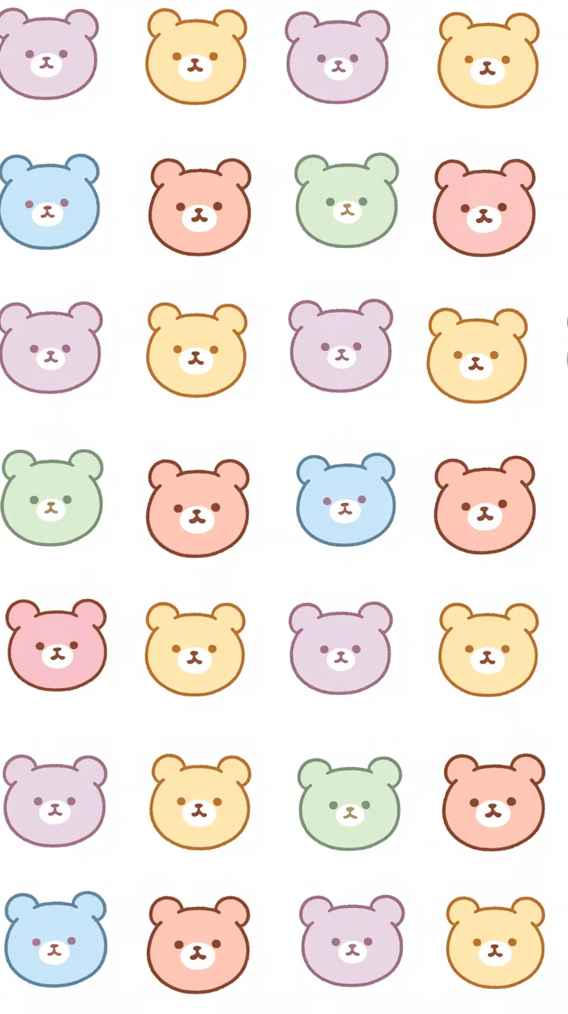かわいいくま壁紙シンプル柄｜整然と並んだくまの顔がシンプルながらも存在感を放つかわいいくま壁紙。輪郭線のあるデザインが整った印象を与え、柔らかな配色が安心感を演出している。
