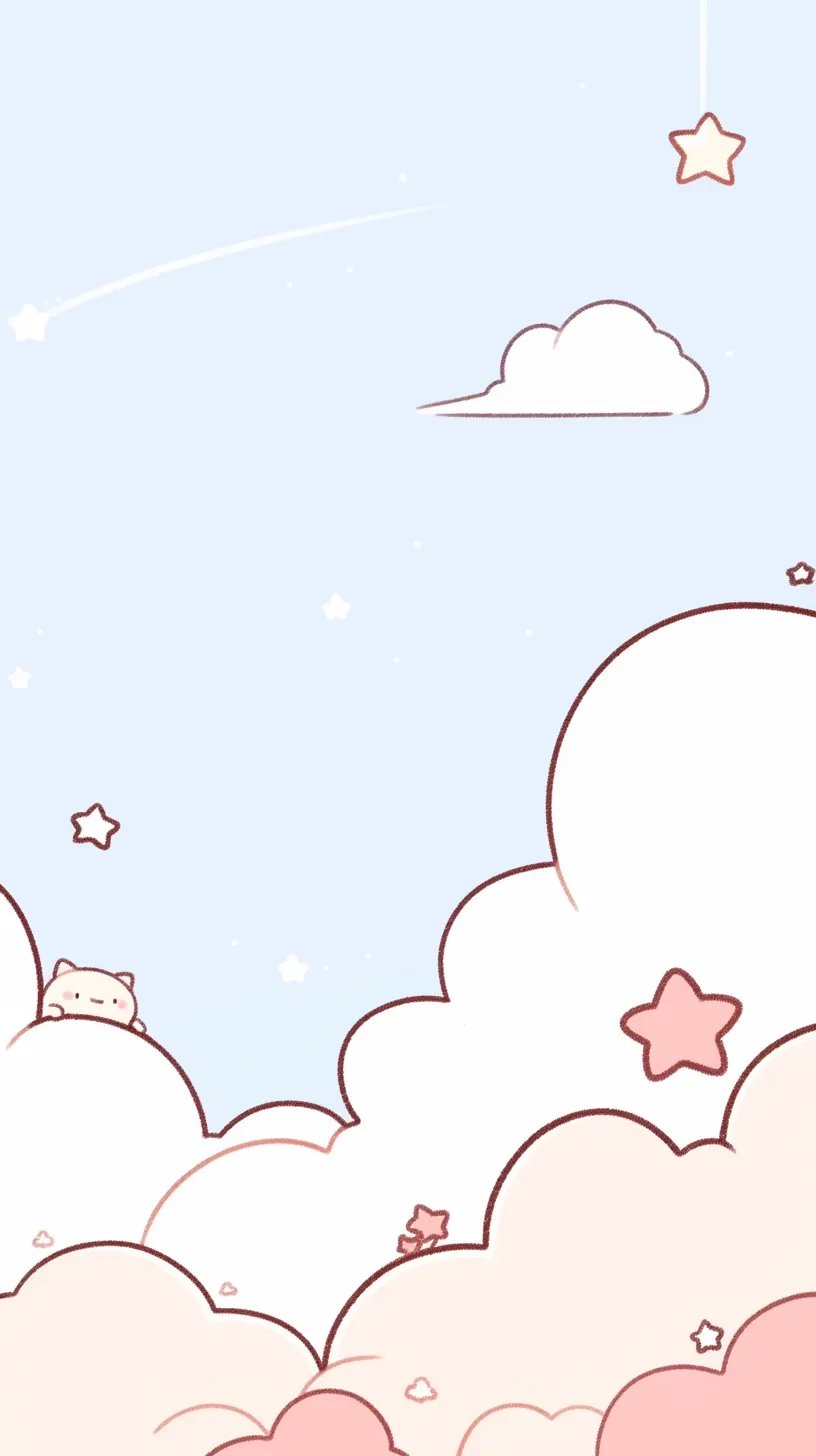 かわいい雲壁紙の星空｜柔らかな雲の上に流れる流星と星々が散りばめられたかわいい雲壁紙。小さな動物の姿が隠れ、幻想と遊び心が重なる温かな表現になっている。