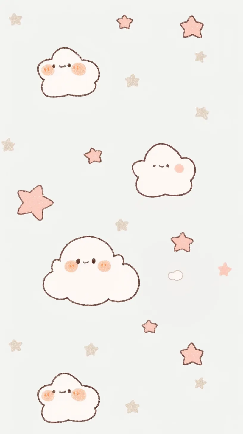 かわいい雲壁紙と星｜ほっぺを染めた雲たちが笑顔で漂うかわいい雲壁紙。ピンクやベージュの星が周囲を飾り、全体に温かみと優しさを漂わせる表情豊かな構図。