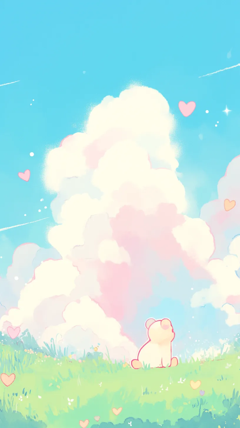 かわいい雲壁紙の原っぱ｜緑の草原に座る小さなクマと、空高くそびえる雲が描かれたかわいい雲壁紙。ハートのモチーフが散りばめられ、穏やかな幸福感を引き立てている。