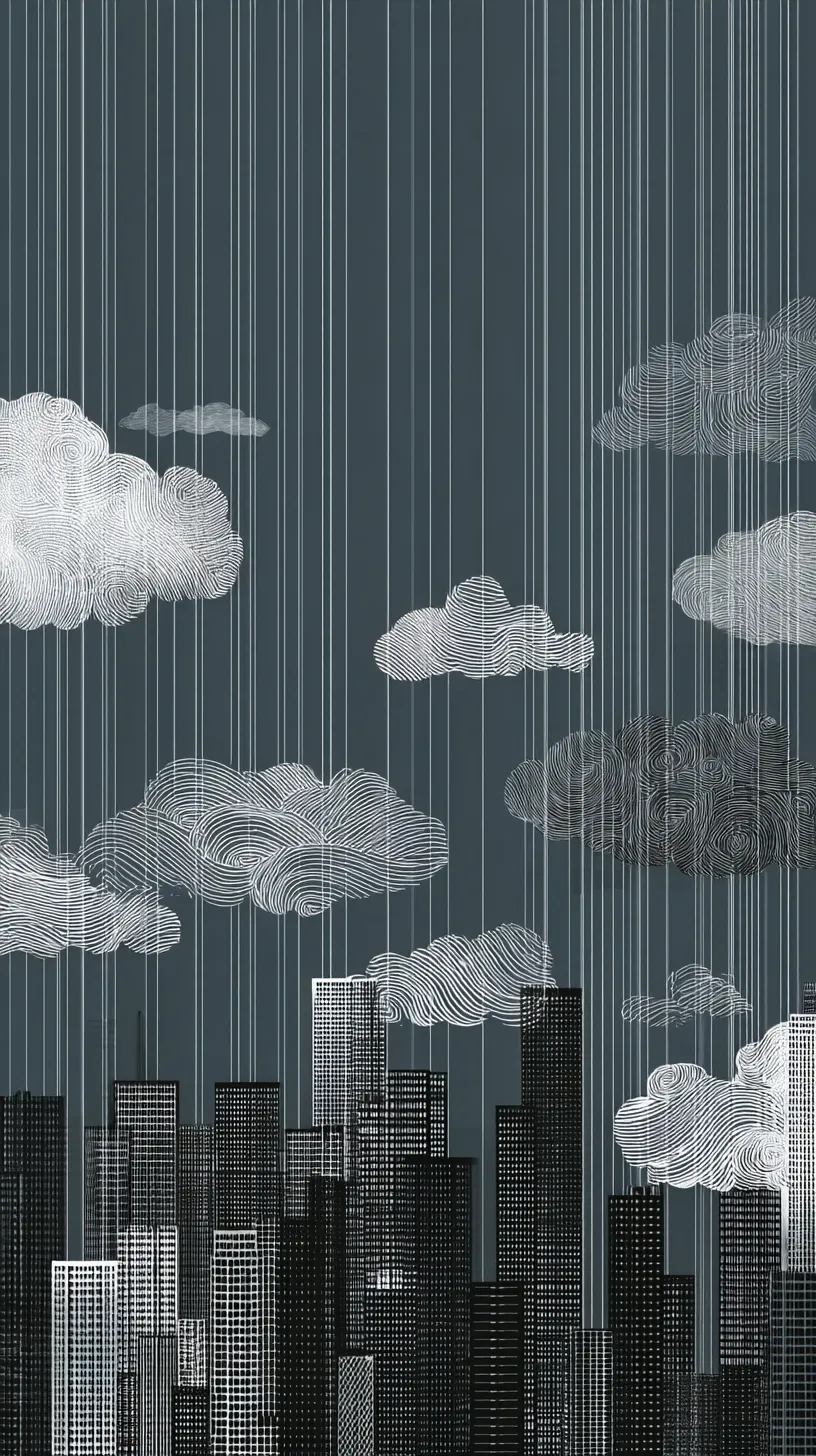 おしゃれ雲壁紙モノトーン都市｜モノトーンの都市に広がるおしゃれ雲が直線的な雨と共に描かれ、都会的な緊張感と幻想性を融合させた壁紙表現になっています。