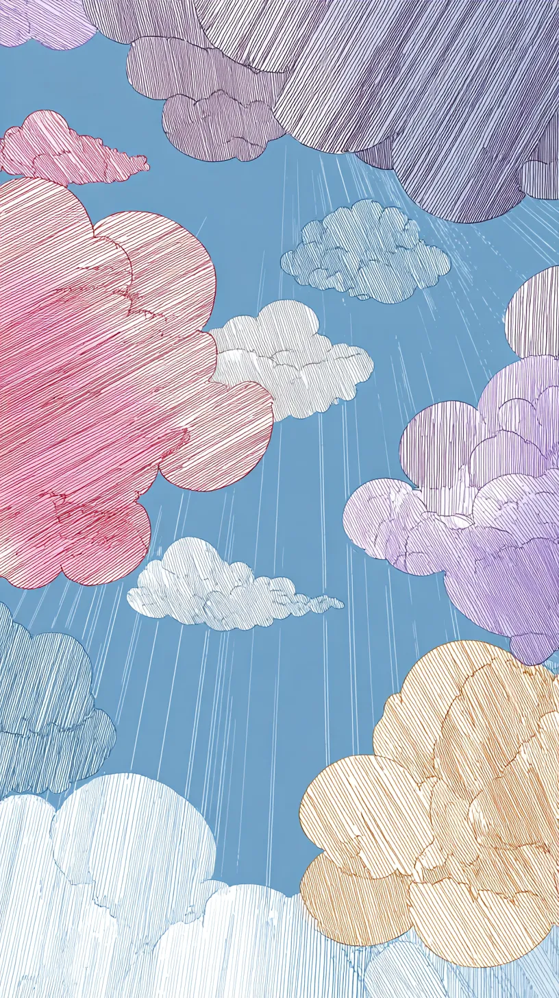 おしゃれ雲壁紙カラフル空｜青空を背景にピンクや紫の大きなおしゃれ雲が漂い、線描の雨が差し込む構図が柔らかな彩りを与える壁紙表現です。