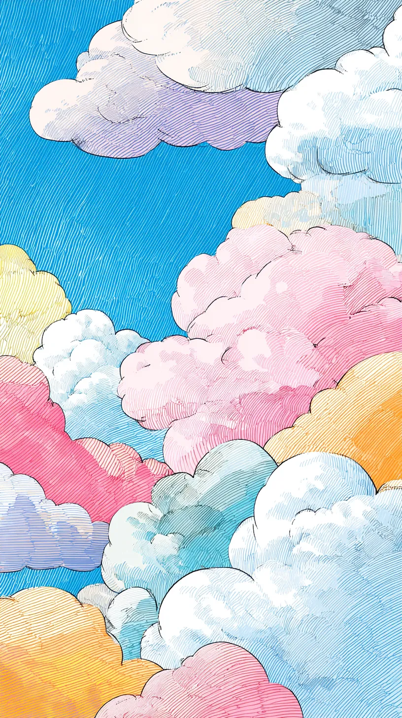 おしゃれ雲壁紙積層彩雲｜淡い青空に幾重にも重なるおしゃれ雲が積層し、黄や桃色の彩りが柔らかく混ざり合う華やかな壁紙表現です。