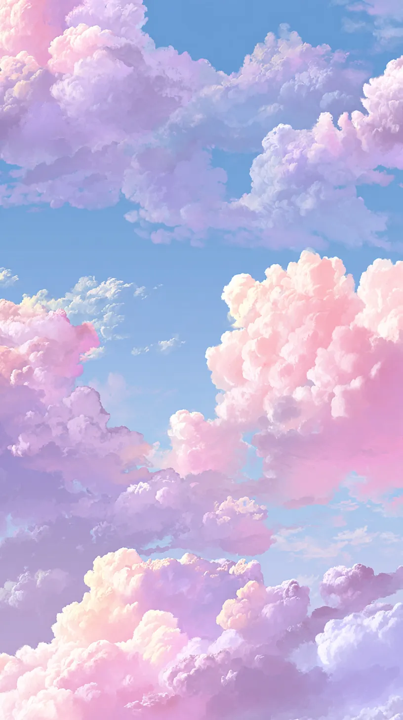 おしゃれ雲壁紙夢色空｜ピンクや紫に染まるおしゃれ雲が青空に浮かび、幻想的な光の層が漂う夢のような雰囲気を持つ壁紙です。