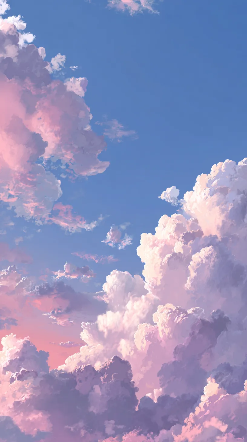 おしゃれ雲壁紙黄昏彩雲｜夕焼けの光を浴びるおしゃれ雲が青空に立体的に広がり、柔らかくも壮麗な彩りが溶け合う壁紙デザインです。