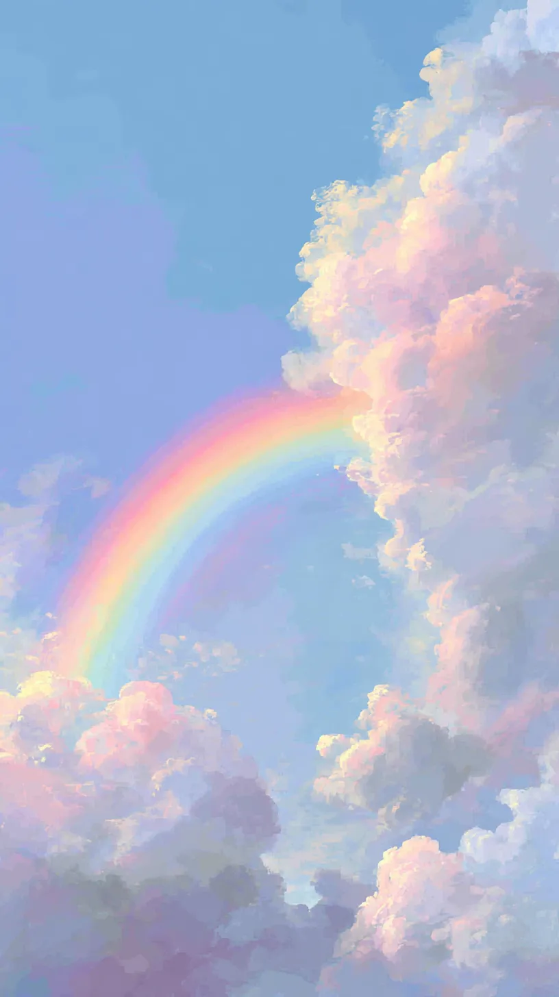 おしゃれ虹壁紙優雅雲間｜淡い色彩の雲の隙間におしゃれ虹が弧を描き、空の透明感と儚さを引き立てる幻想的な壁紙表現です。