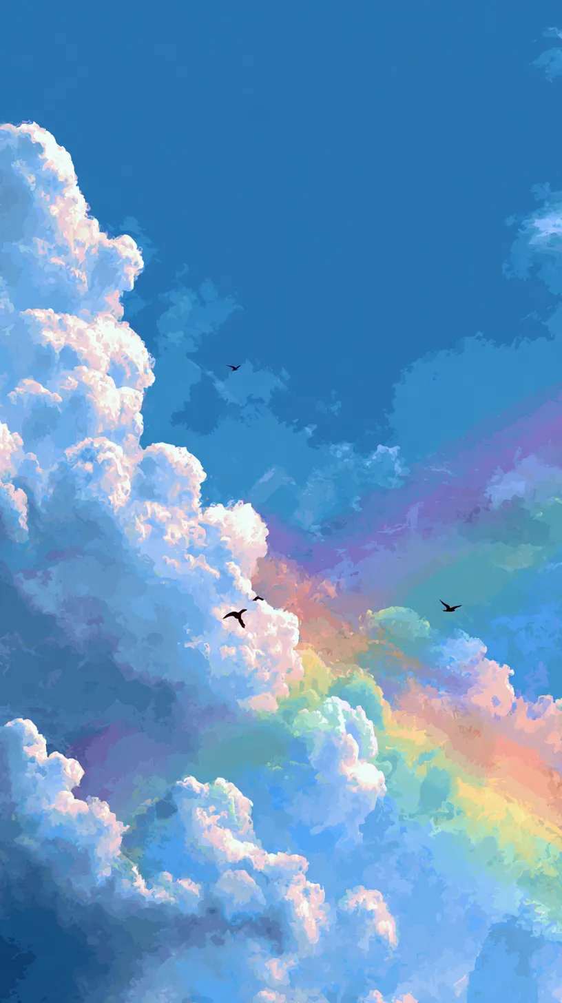 おしゃれ虹壁紙飛翔雲間｜鮮やかな雲と青空を背景におしゃれ虹が浮かび、鳥のシルエットが空間に動きを添える壁紙です。