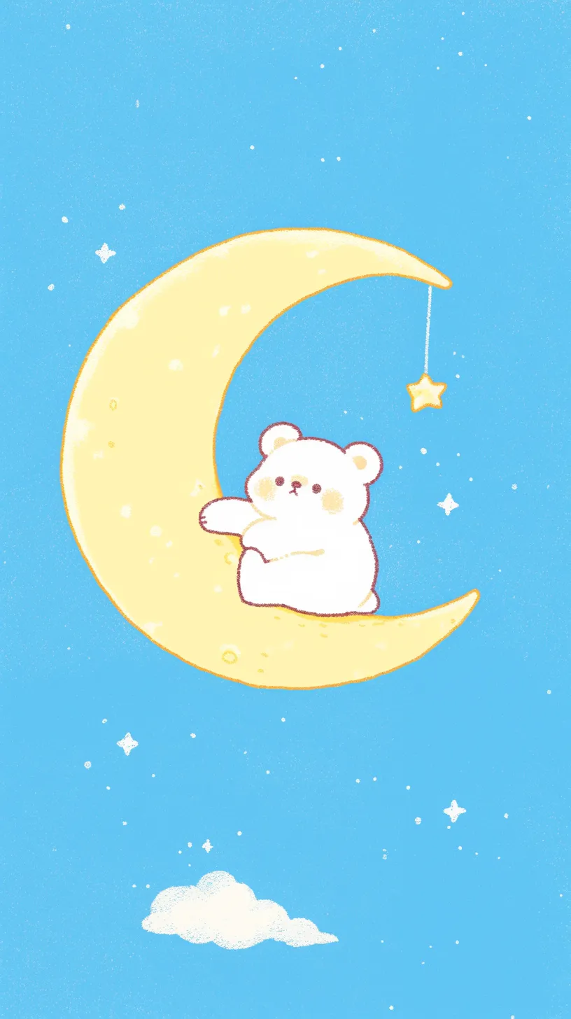 かわいい夜空のくま壁紙｜三日月にちょこんと座る白いくまが印象的なかわいい夜空の壁紙。青空に散りばめられた星々と小さな雲が、優しく広がる夢のような空間を演出している。
