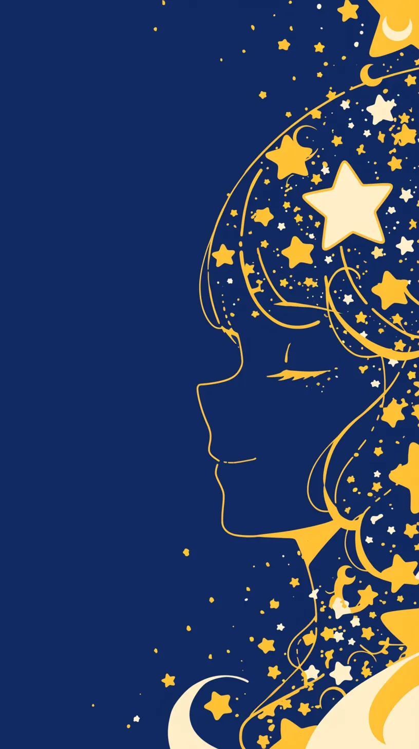 かわいい夜空の少女壁紙｜星や月を髪に散らした横顔の少女が描かれたかわいい夜空の壁紙。金色の星々と深い青が調和し、夜空そのものが彼女の表情と一体化した幻想的な世界を作り上げている。