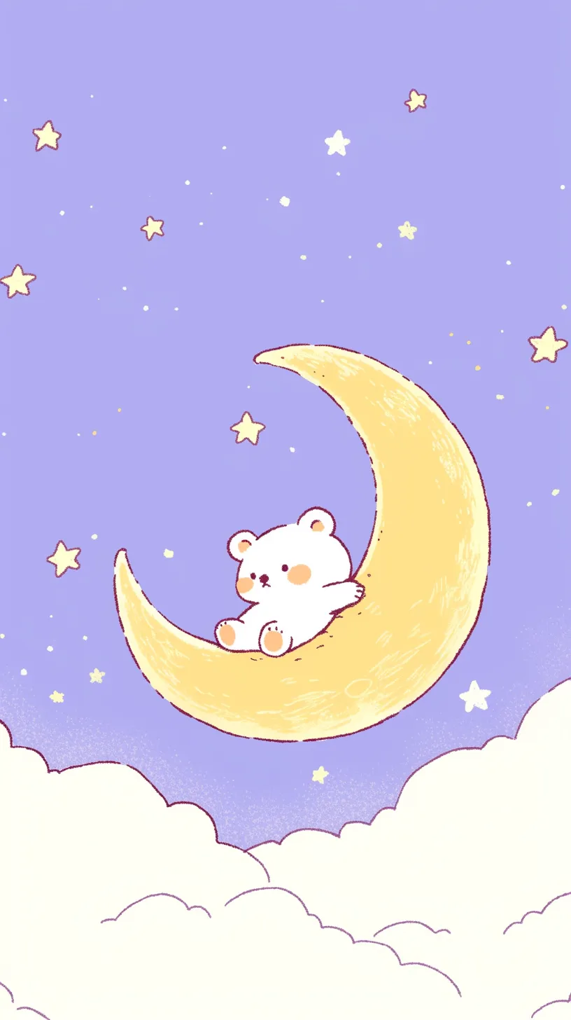 かわいい夜空の月くま壁紙｜金色の三日月に座る白いくまが描かれたかわいい夜空の壁紙。周囲には星や雲が広がり、空に抱かれるような安心感と愛らしさが漂う心温まる情景となっている。
