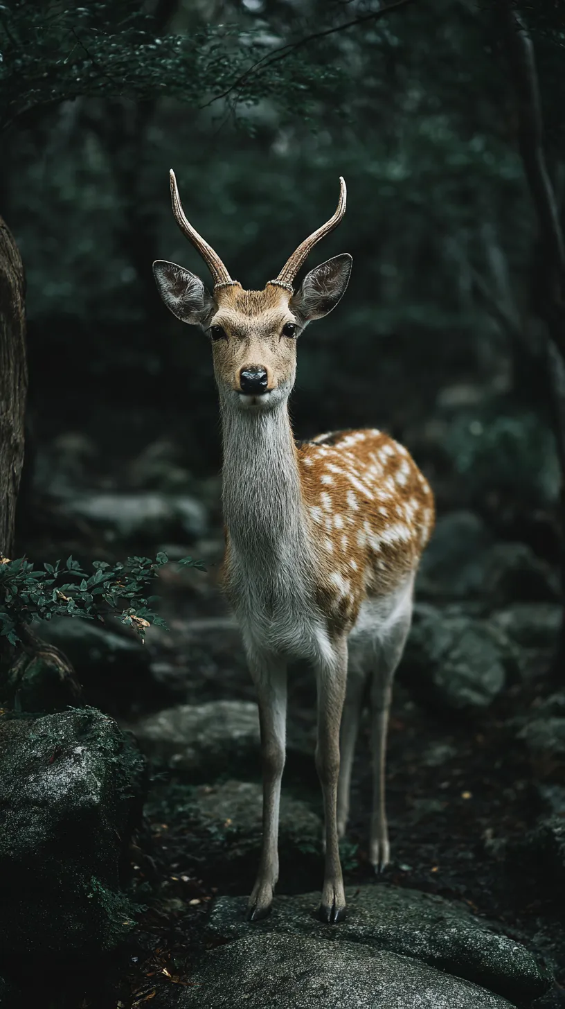かわいい動物壁紙 森のシカ｜深い森の中にたたずむシカが凛とした姿で描かれたかわいい動物壁紙。点々とした白斑模様と長い首のラインが自然美を強調し、暗い背景との対比でその存在感が鮮やかに際立っている。