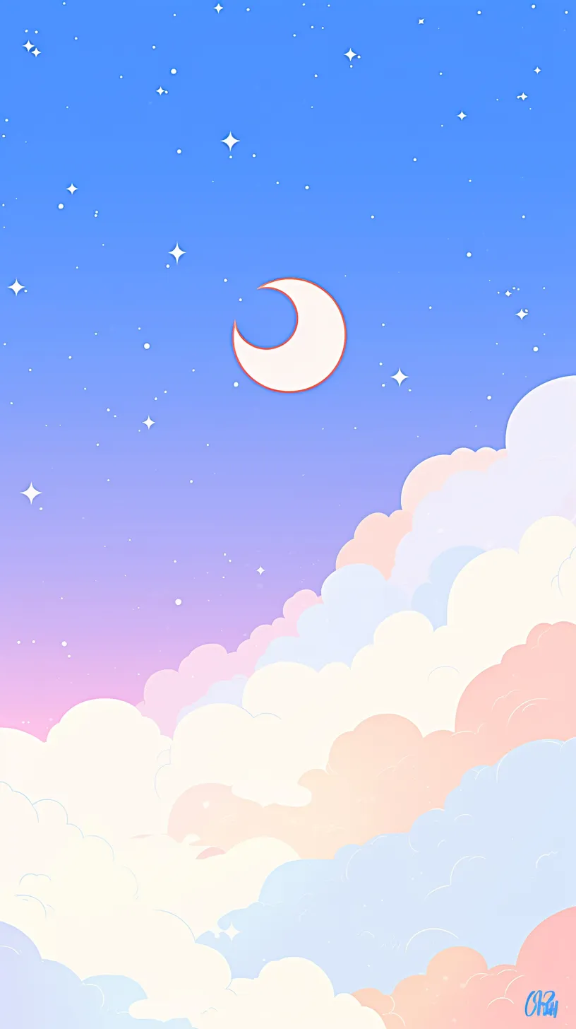 おしゃれ夜空の月雲壁紙｜淡い青空に浮かぶ三日月と柔らかな雲が描かれたおしゃれ夜空の壁紙。グラデーションの色彩が夜と朝の境界を美しく表現している。